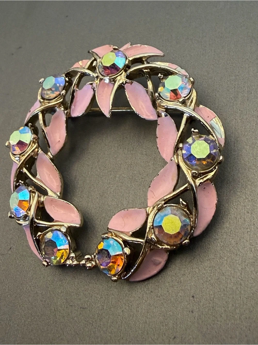 Kramer Pink Enamel Aurora Borealis Crystal Wreath Brooch
